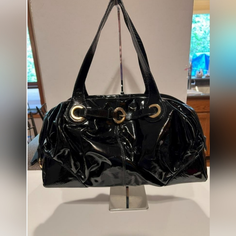 Francesco Biasia Black Star Crazy Patent Leather Bowling Bag.